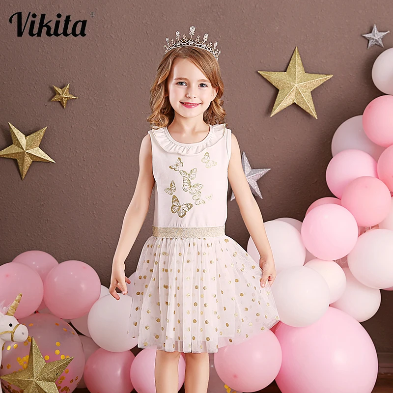 

VIKITA Girls Birthday Party Elegant Dress Children Butterfly Print Vestidos Kids Polka Dot Dresses Girls Sleeveless Summer Dress