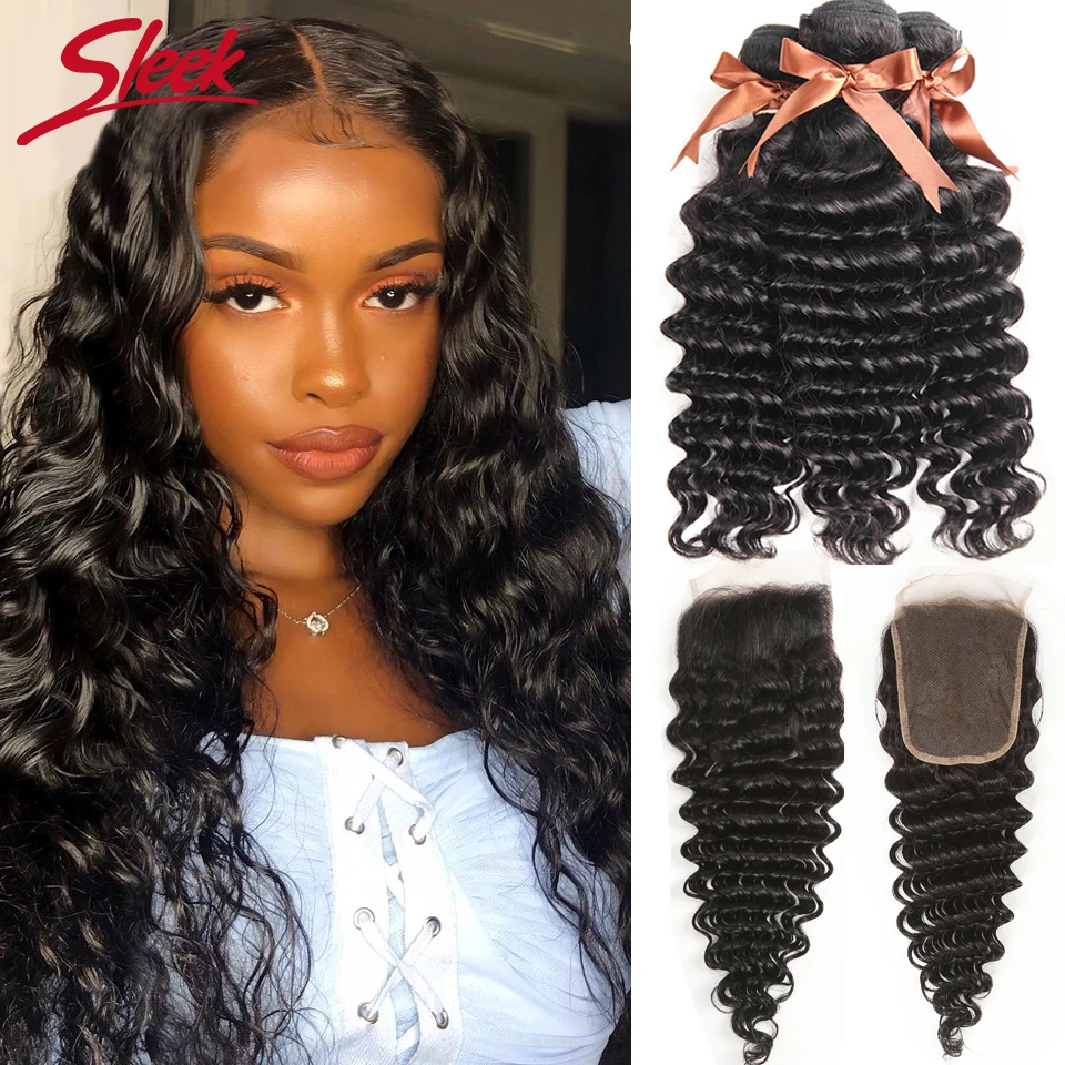 

Sleek Loose Deep Wave 3 Bundles With Closure Pre plucked Brazilian Human Hair Bundles With Closure Natural Remy Swiss Lace