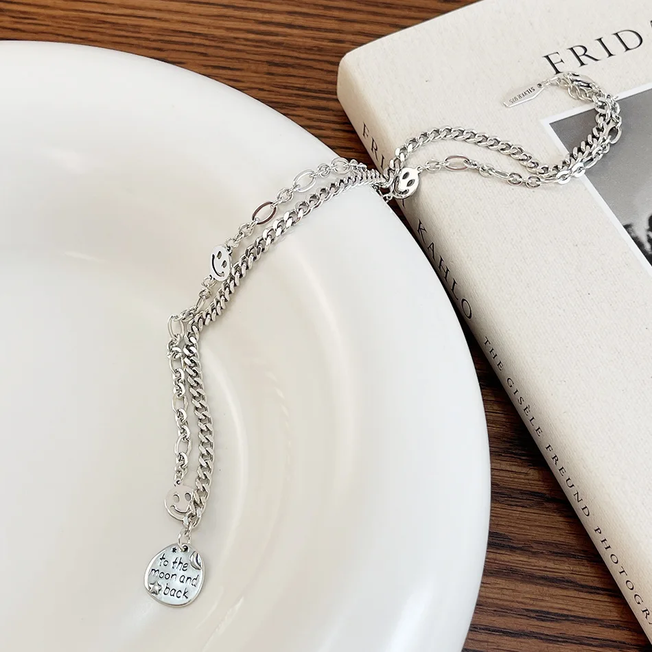 

Amaiyllis 925 Sterling Silver Retro Smiley Necklace Letter Necklace Simple Clavicle Chain Necklace Accessories Jewelry