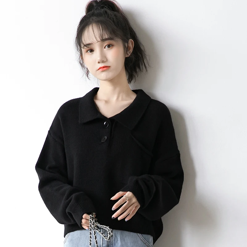 Новинка 2021 черный свитер с воротником женская тонкая свободная универсальная