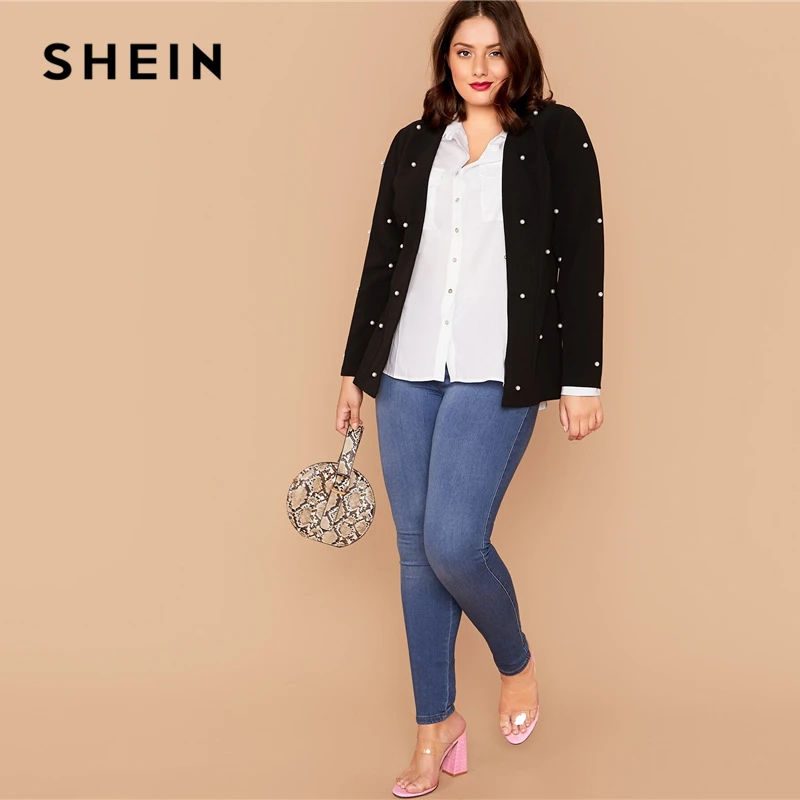 SHEIN плюс размер черный крючок и глаз жемчуг бисером блейзер для женщин Осень Slim Fit длинный рукав элегантный плюс блейзеры