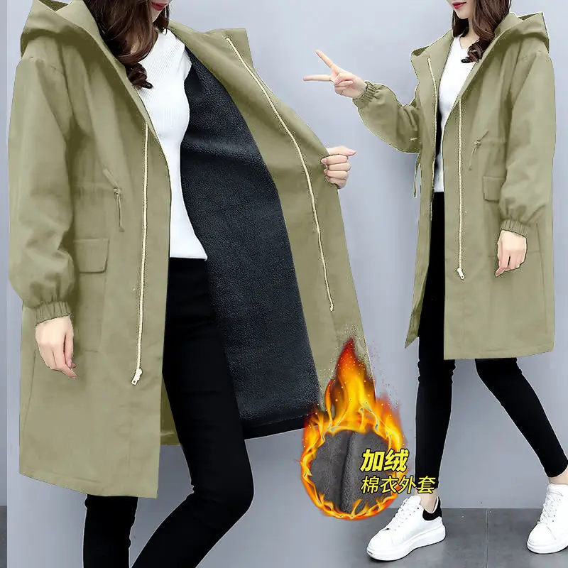Тренч 2021, пальто, женская осенне-зимняя Длинная Верхняя одежда на молнии с капюшоном и карманами, женская утепленная ветровка