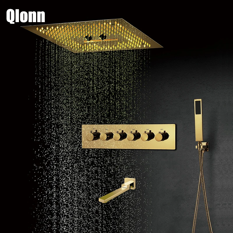 

Золотая дождевая Душевая система Qlonn, 16 дюймов, встраиваемая потолочная Светодиодная панель для душа, смесители для ванной комнаты, термост...