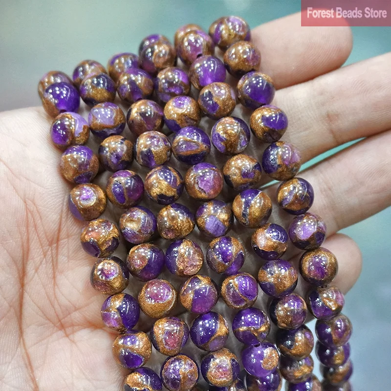 

Natural Purple Golden Lace Cloisonne Stone Loose Round Beads 15" Strand 4 6 8 10 12MM Diy Bracelet Earrings for Jewelry Making