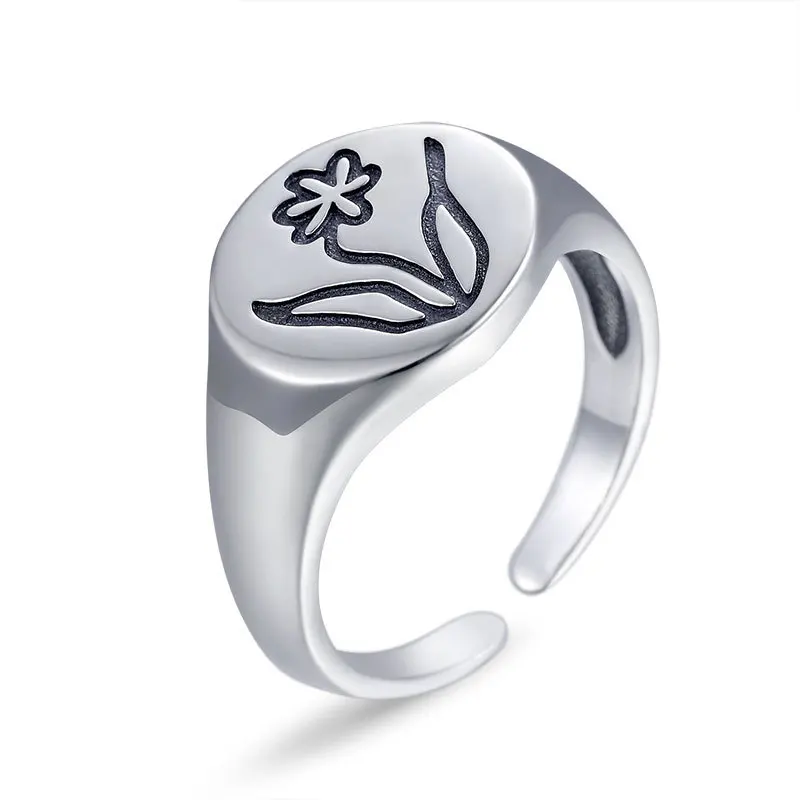 

925 sterling silver carved flower character ring Japanese and Korean ring