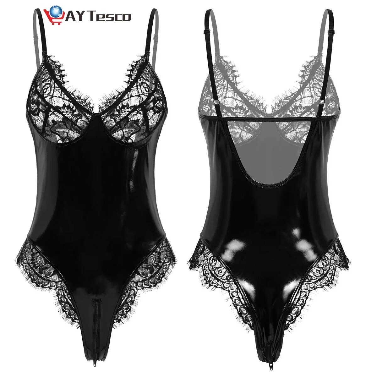 

Women Hot One-Piece PVC Leather Lingerie Sissy Latex Catsuit Sexy Body Sheer Lace Cups Open Crotch Thong Teddy Bodysuit Clubwear