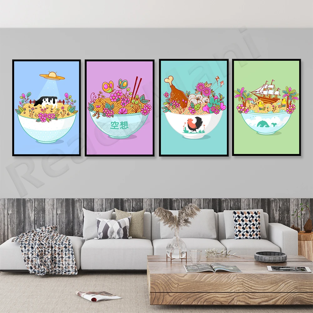 

Japanese ramen cartoon cow animal canvas art painting kitchen decoration wall picture strip food posters and children's prints