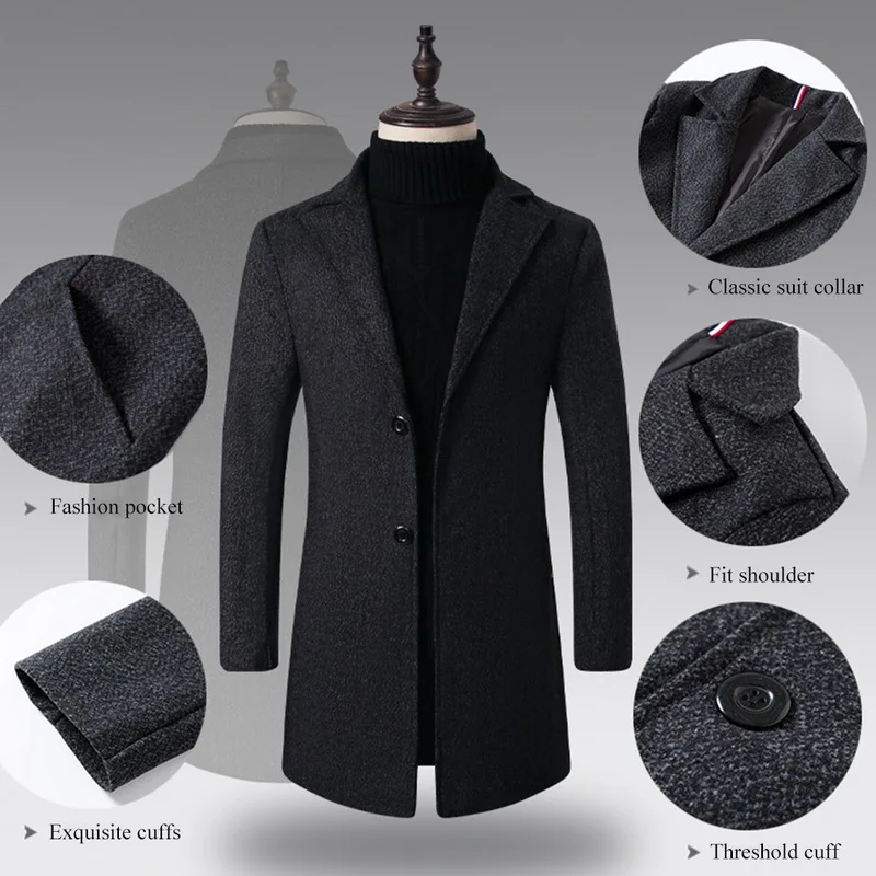 Новинка модное мужское зимнее пальто приталенное шерстяное длинное полупальто