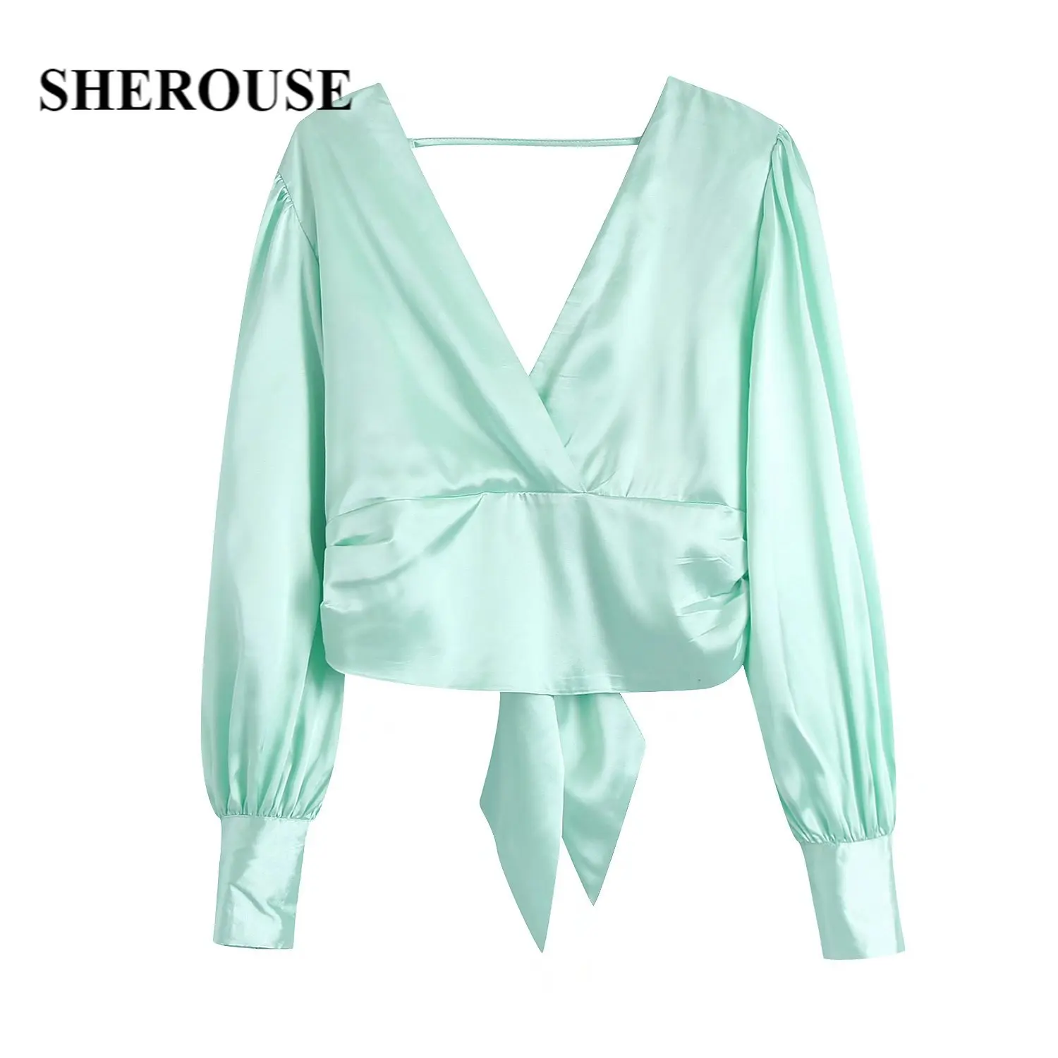 

Sherouse Women Fashion Satin Blouse with Surplice V-neckline Bow Knot Long Cuffed Sleeves Chic Lady Woman Casual Crop Top