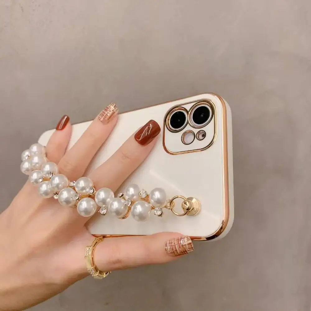 

Plating Pearl rhinestone wrist bracelet Soft Phone Case For iPhone 11 12 Pro X XR XS Max 7 8 Plus Wrist Chian Strap phone Coque