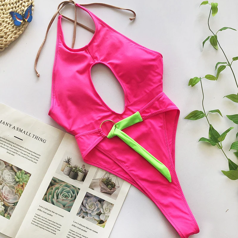 

Fors Neon pink one piece suit Halter one-piece swimsuit Hollow out monokini Bandage backless swimwear Metal ring bathing suit
