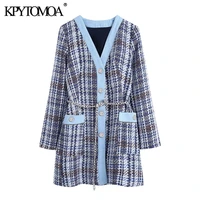 kpytomoa women fashion with chain belt patchwork denim tweed jacket coat vintage long sleeve pockets female outerwear chic tops