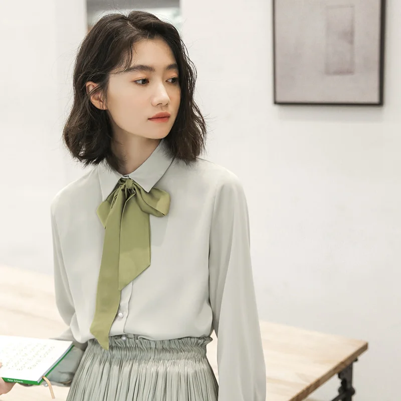 

Korejepo Women Blouse 2021 Early Autumn New French Retro Sweet Bowknot Turn-down Collar Long Sleeve All-match Bottoming Shirt