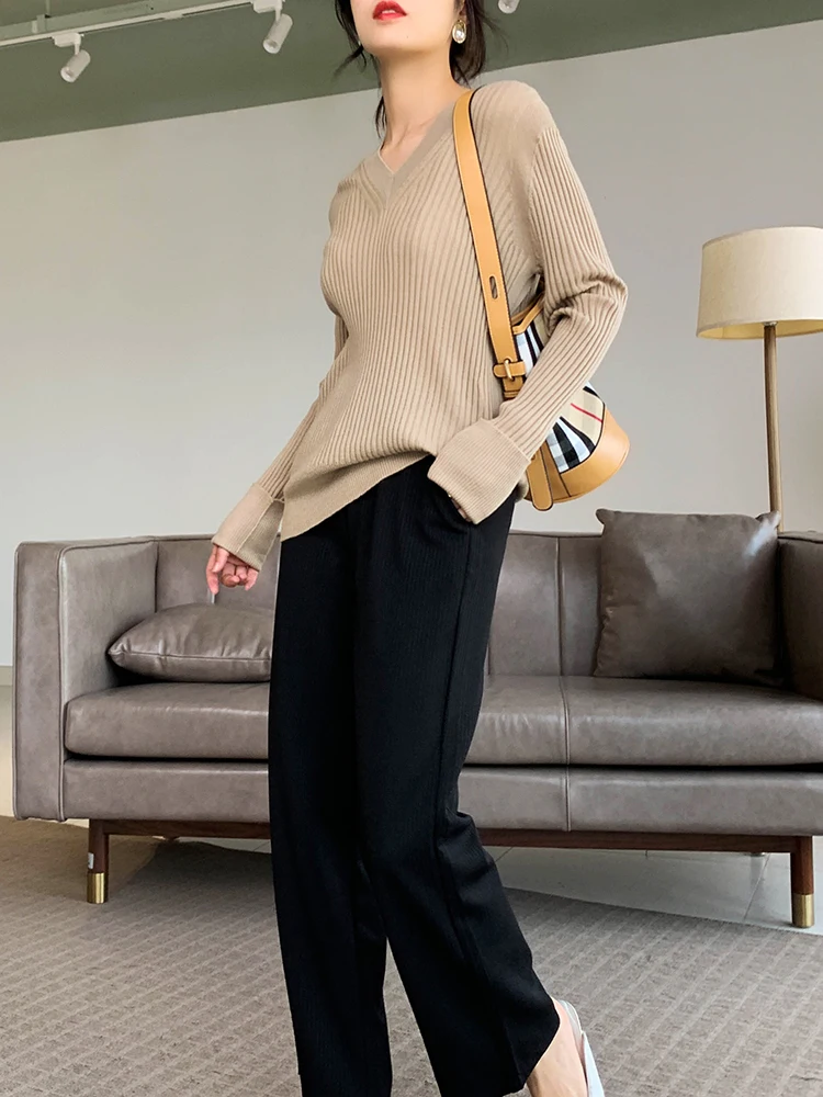 Women Pullovers Wool knitted Sweaters V neck pullover Fall Winter Bottoming knit Natural Silk Basic Sweater