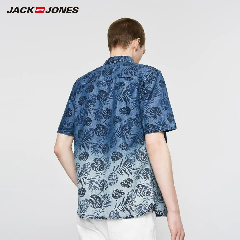 JackJones Для мужчин's 100% хлопок с тропическим принтом короткими рукавами джинсовая