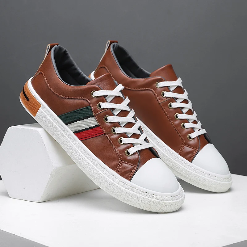 

Brand Fashion Mens Casual Footwear Black Brown Casual Pu Leather Shoes Fashion Walking Shoes For Men Comfortable Sneakers Man