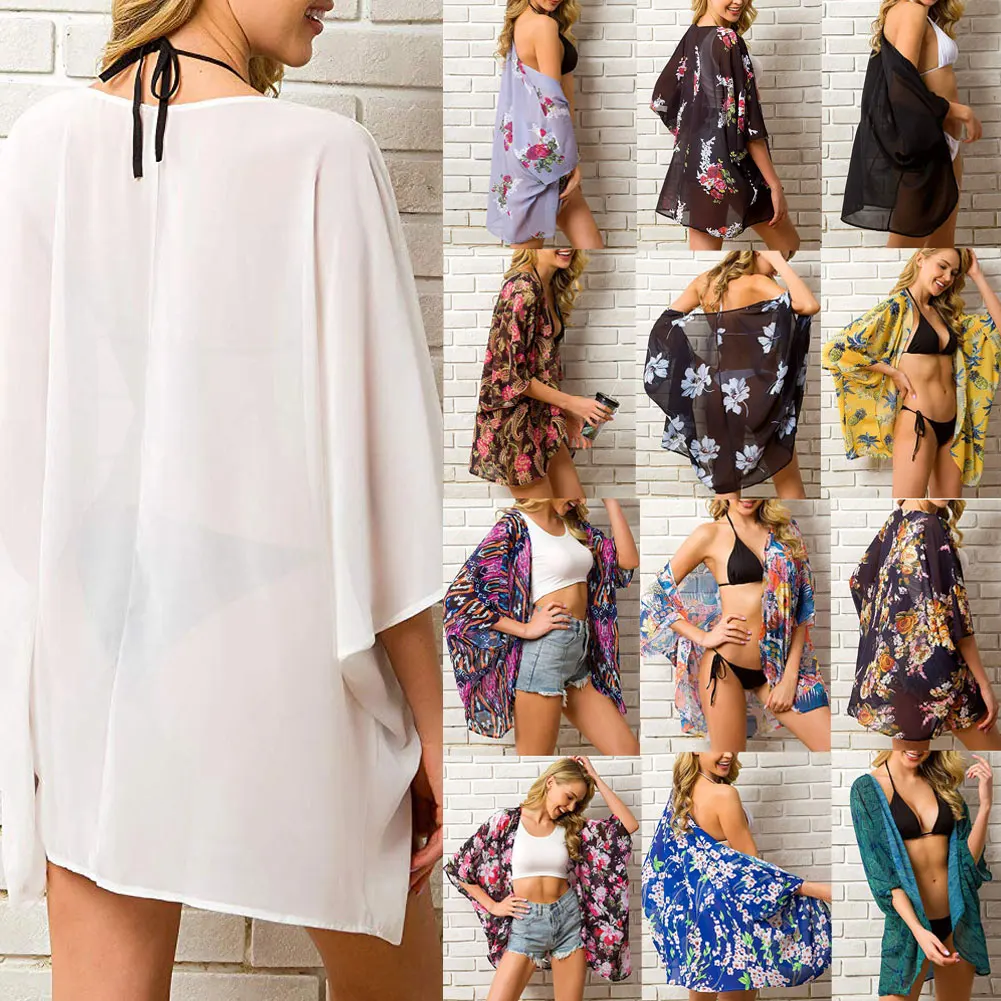 

2020 Summer Women Chiffon Cover Up Boho Floral Kimono Cardigan Sheer Half Sleeve Beach Swimwear Blouse Shirts For Female Tops