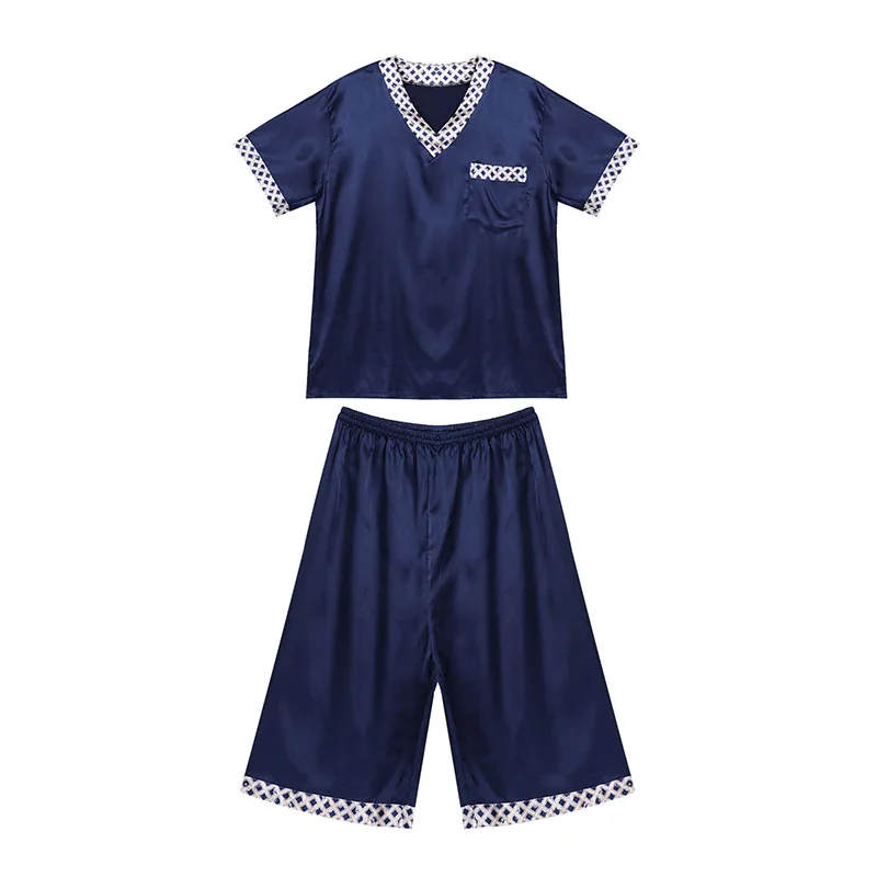 Men Satin Plaid Pajamas Sets V Neck Short Sleeve Pocket T-Shirt Tops with Shorts Leisure Wear Home Clothing Sleepwear Nightwear