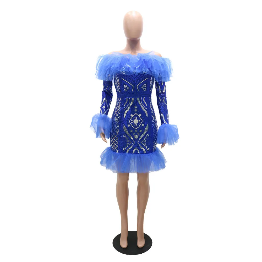

Autumn New 2021 Beads Fashion Temperament High Waist Net Yarn Folds One Shoulder Long Sleeve Women's Sexy Dress Strapless