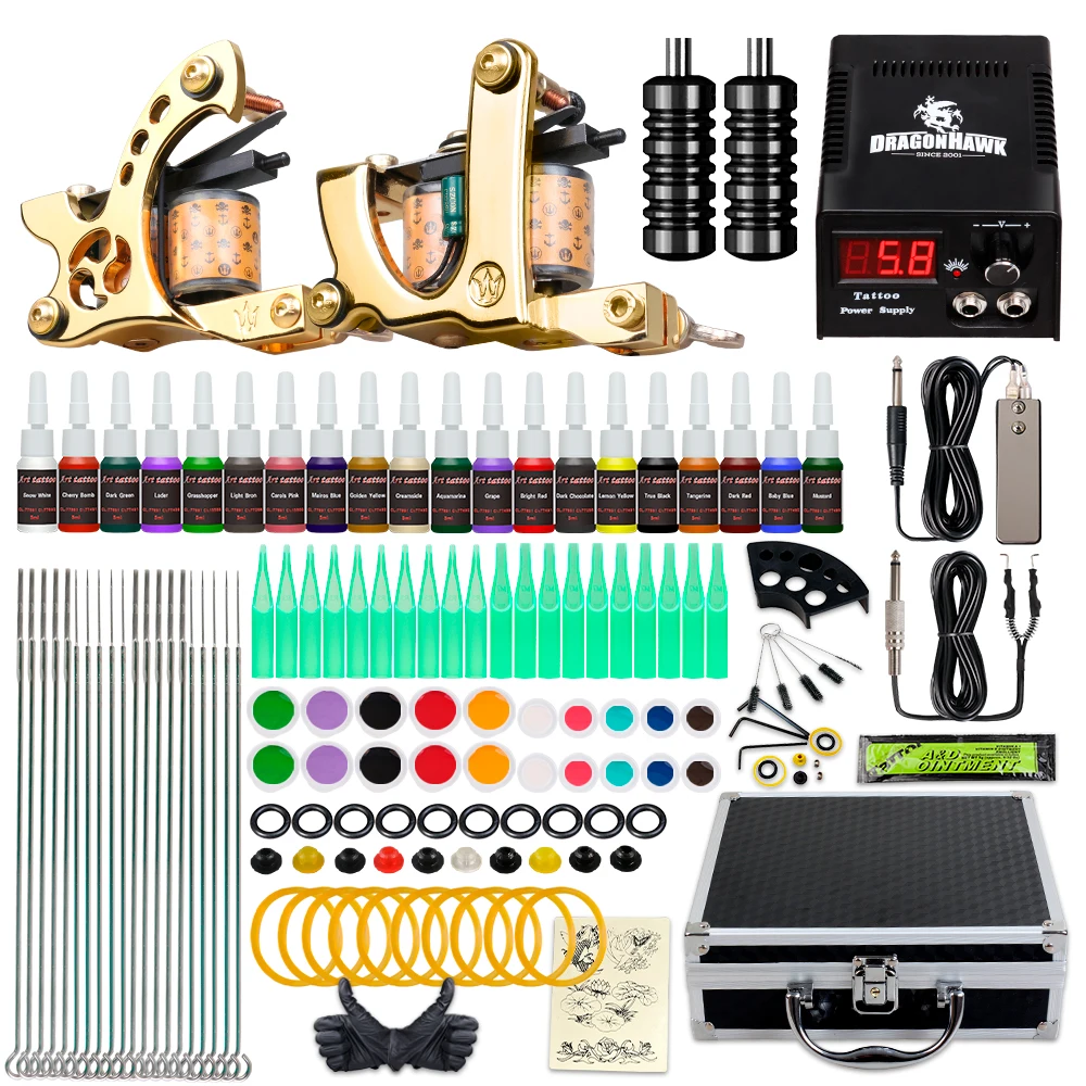 

Complete Beginner Tattoo Kit Set 2 Machine Guns 20 Color Inks Mini Tattoo Power Supply Grips Needles Tips Supplies In Box