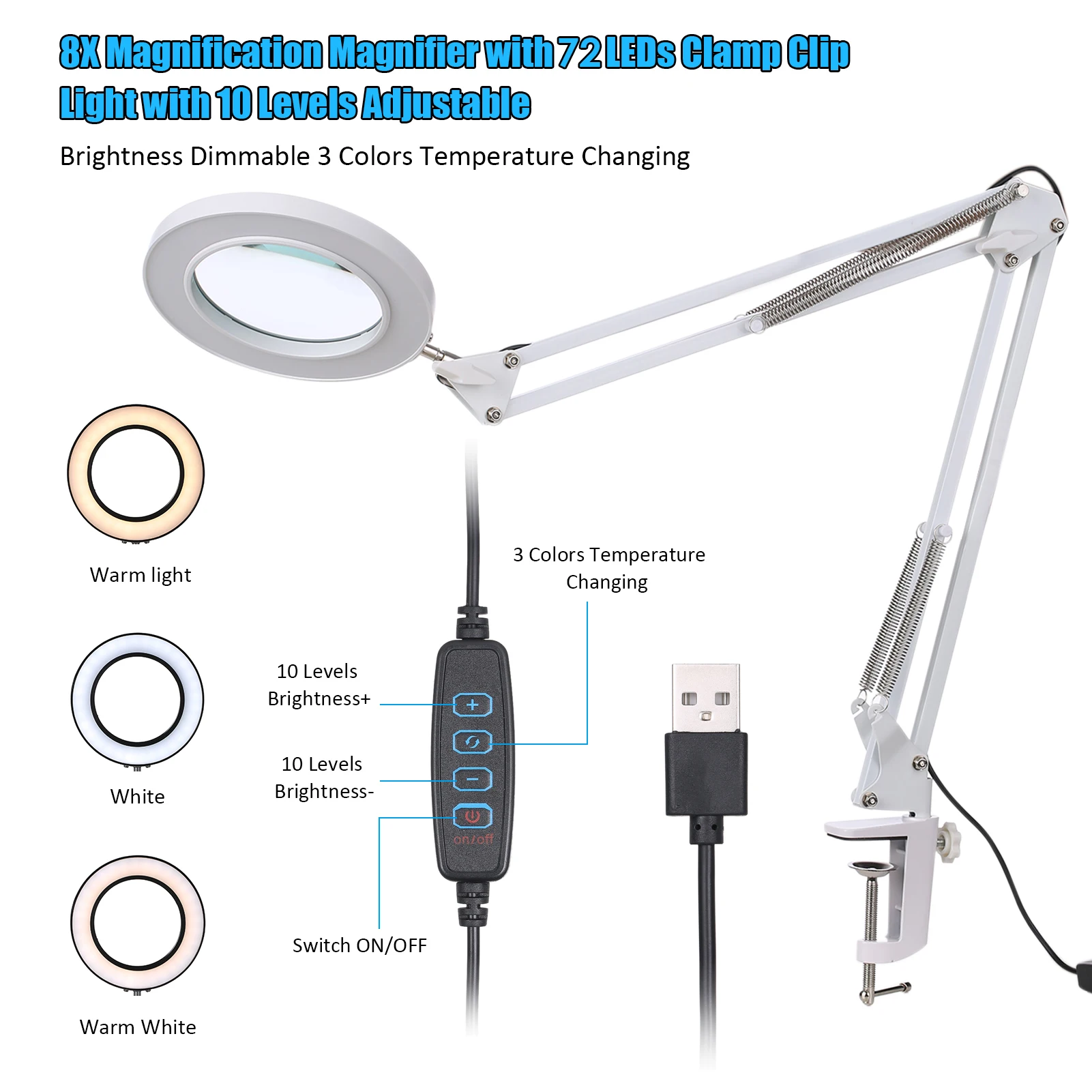 Magnifying Glass Magnifier with LEDs Clamp Clip Light 8X Magnification 10 Levels Adjustable Brightness Dimmable 3 Colors | Инструменты
