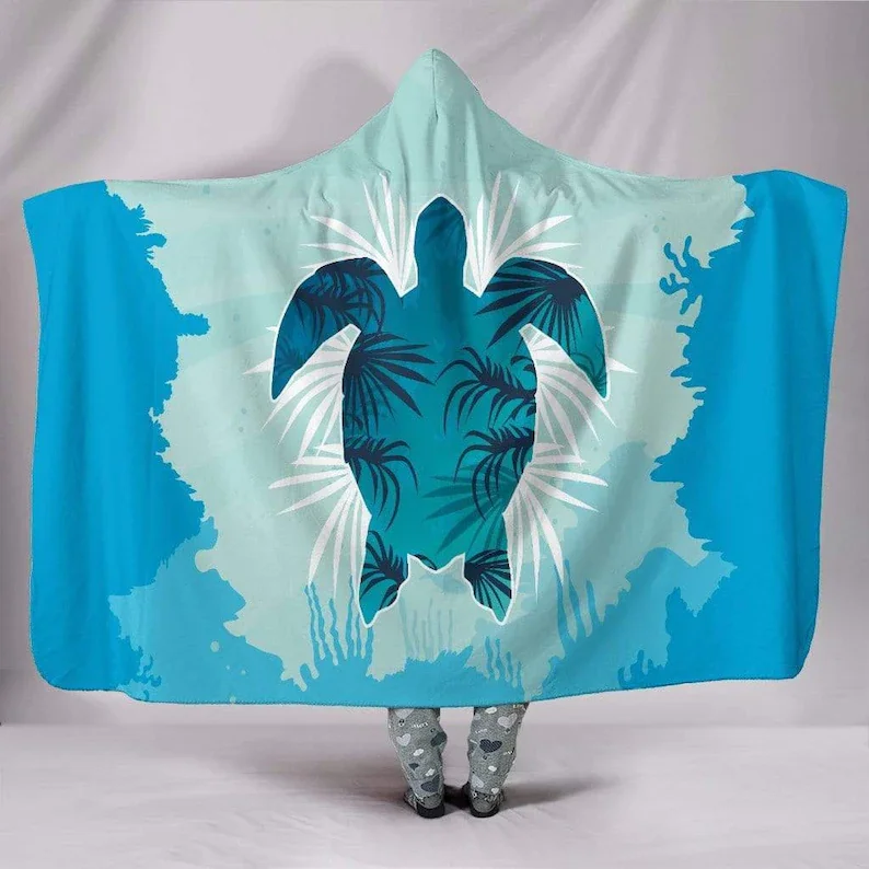 

Hooded Blanket, Swimming Turtle, Caribbean Coral, Tropical Ocean, Aquatic Life, Nautical Sea, Deep Sea, Colorful Throw,