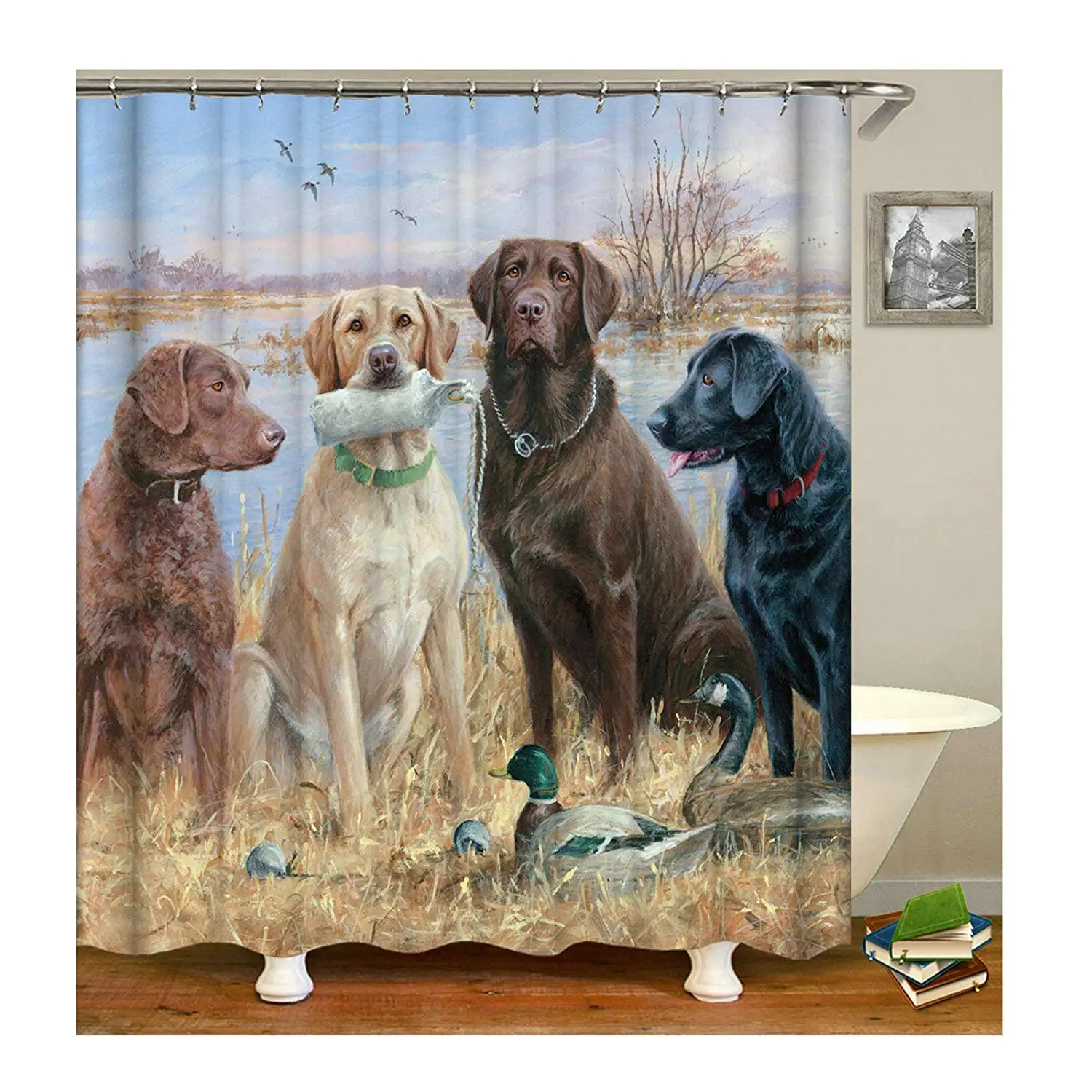 

Easy Care Fabric Shower Curtain with Reinforced Buttonholes Four Dog