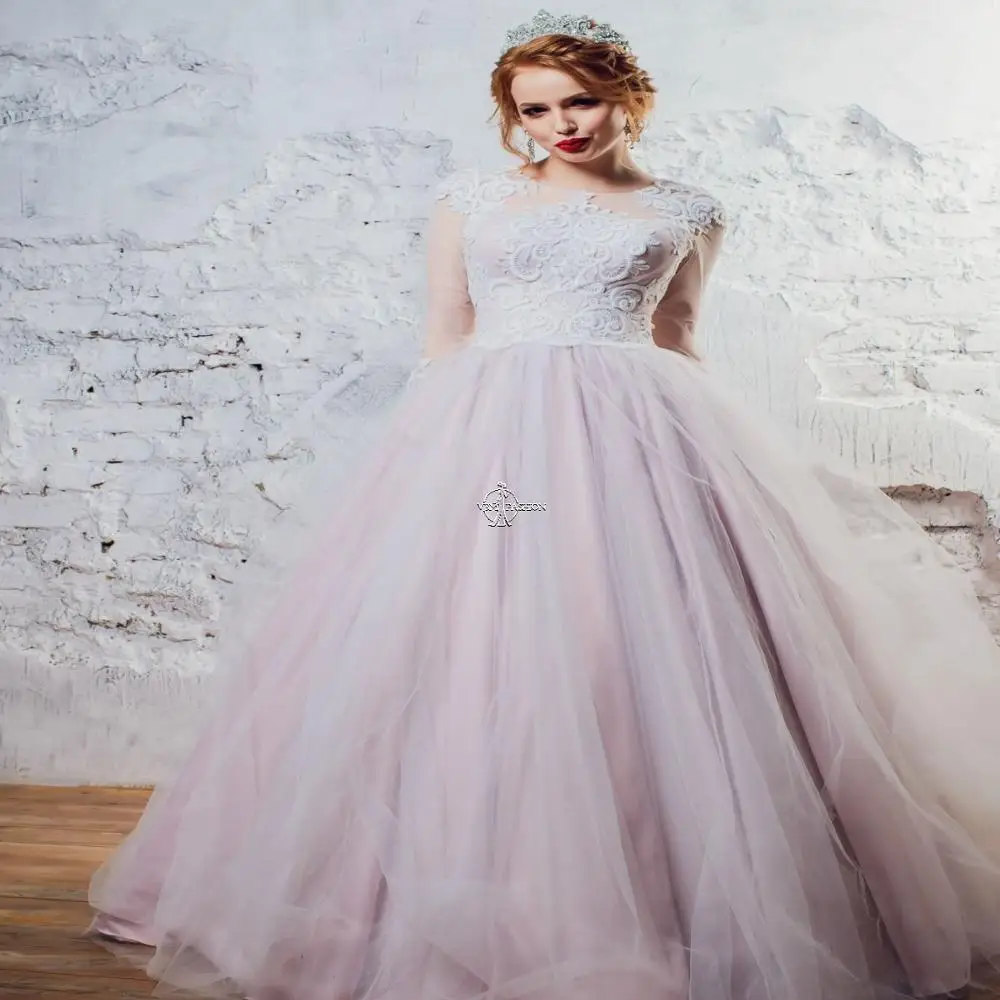 

Vintage Long Sleeves Lace Wedding-Dresses White Ivory Tull Skirt Lace Edge Princess Bridal Gown Skirt Vestido De Noiva