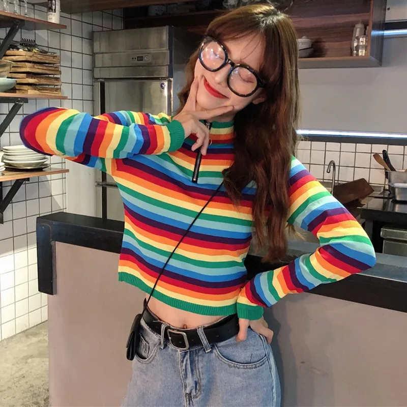 Women Sweaters Korean Style Rainbow Stripes Print Sweater Slim Long Sleeved half-high Collar Bottom Knit S1 New | Женская одежда