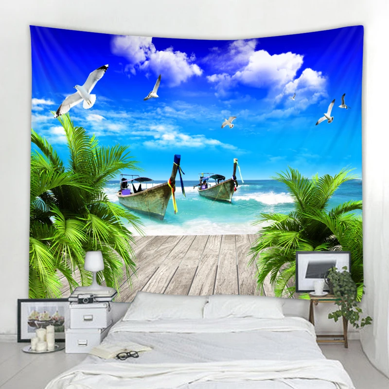 

Beach Tapestry Sailing Seagull Sea View Wall Hanging Carpet Beach Tapestry Hippie Polyester Fabric Home Decoration Wall Hanging