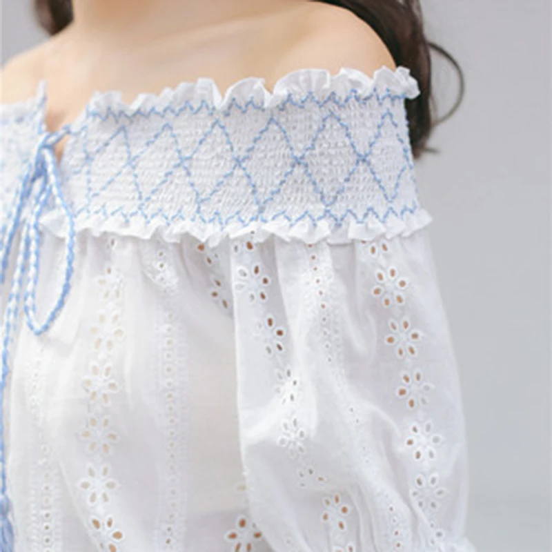 

New Arrival Summer Korea Fashion Sweet Short Sleeve Women Shirt 100% Cotton Slash Neck Hollow Out White Blouse High Quality S166