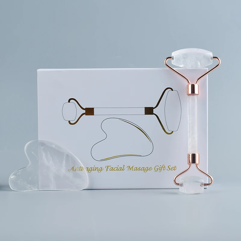 

2 in 1Natural Rock Quartz Jade Roller And Guasha With Gift Box Set Crystal Face Body Scratching Guasha Massager Health Care Tool