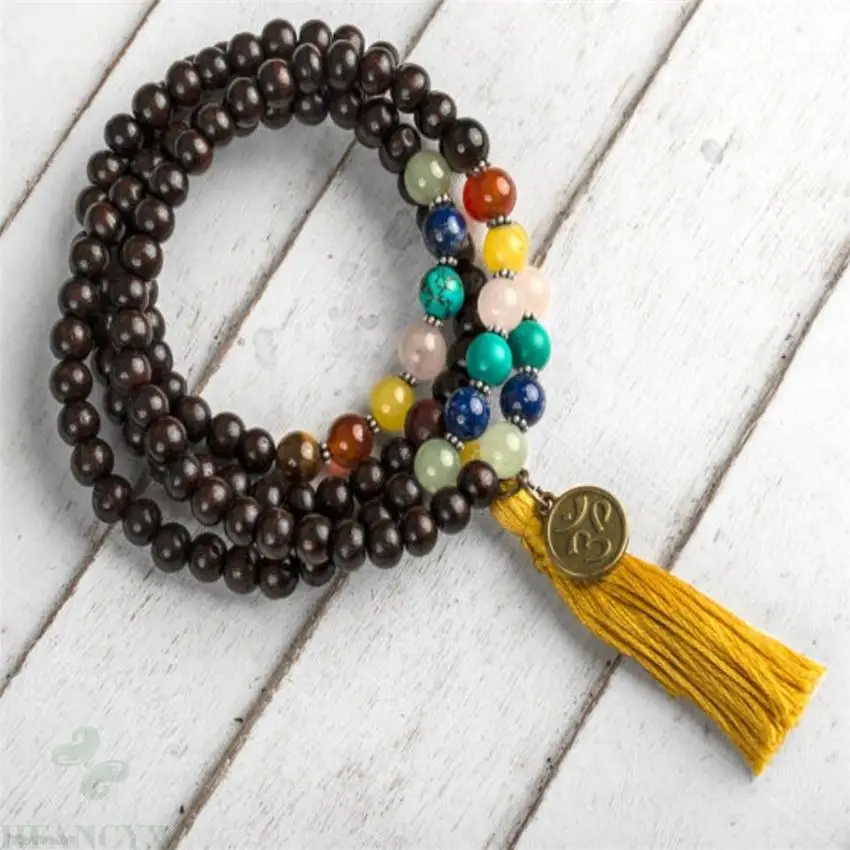 

8mm 108 red sandalwood 7 Colorful Gemstone mala Bracelet Meditation Lucky Handmade Healing Sutra pray Unisex energy Wristband