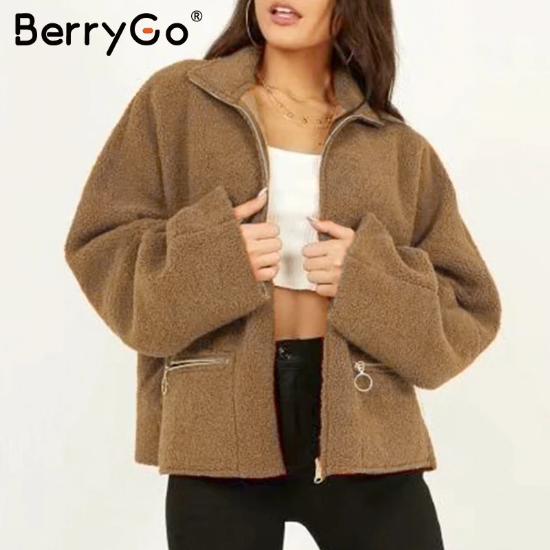 BerryGo овечья шерсть замша двухстороннее пальто женские повседневные молнии