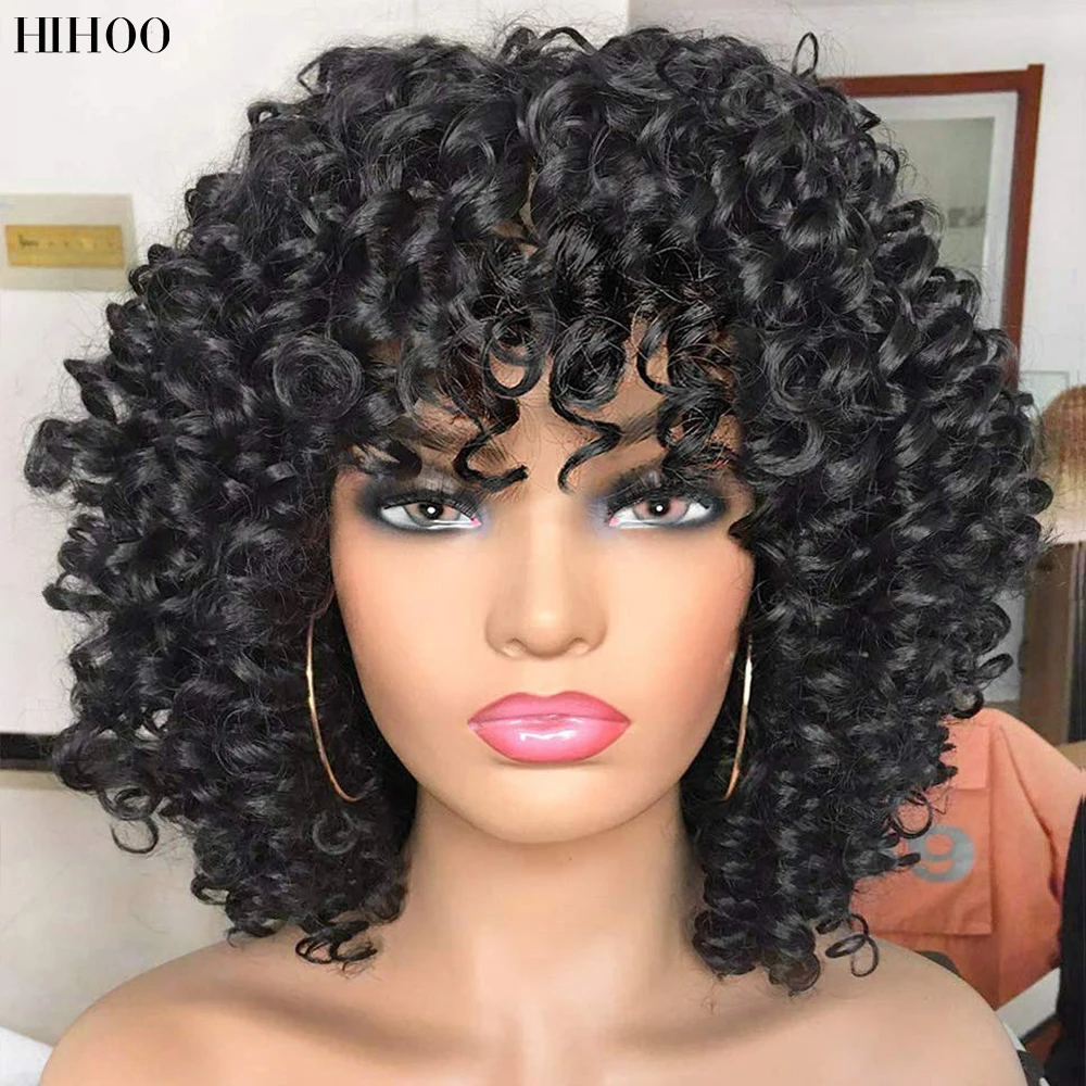 

Short Afro Kinky Curly Wig With Bangs African Synthetic Ombre Glueless Wigs For Black Women Heat Resistan Natural Hair