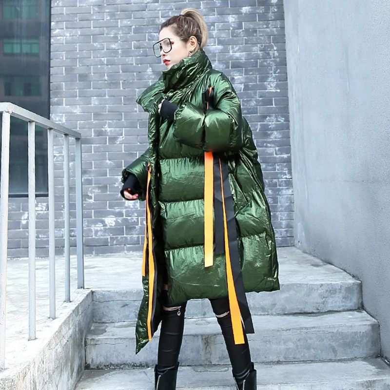 Пуховик женский с лентами воротником-стойкой и длинным рукавом | Женская одежда