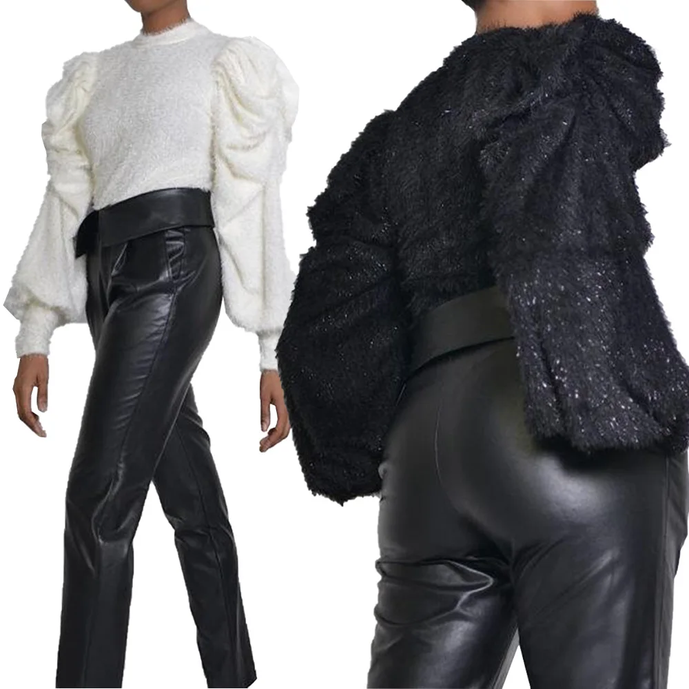 Повседневный женский свитер плиссированный пуловер с пышными рукавами и круглым