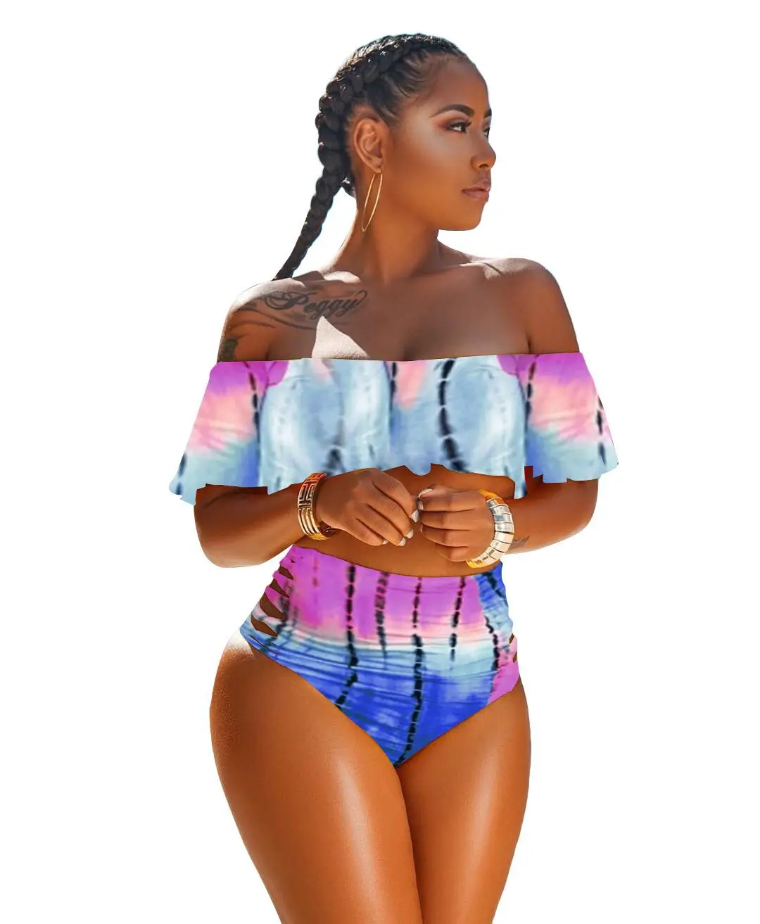 

S-XXXL Women's Printing 2 Piceces Short Sleeve Off Shoulder Top Bikini Swimwear Set