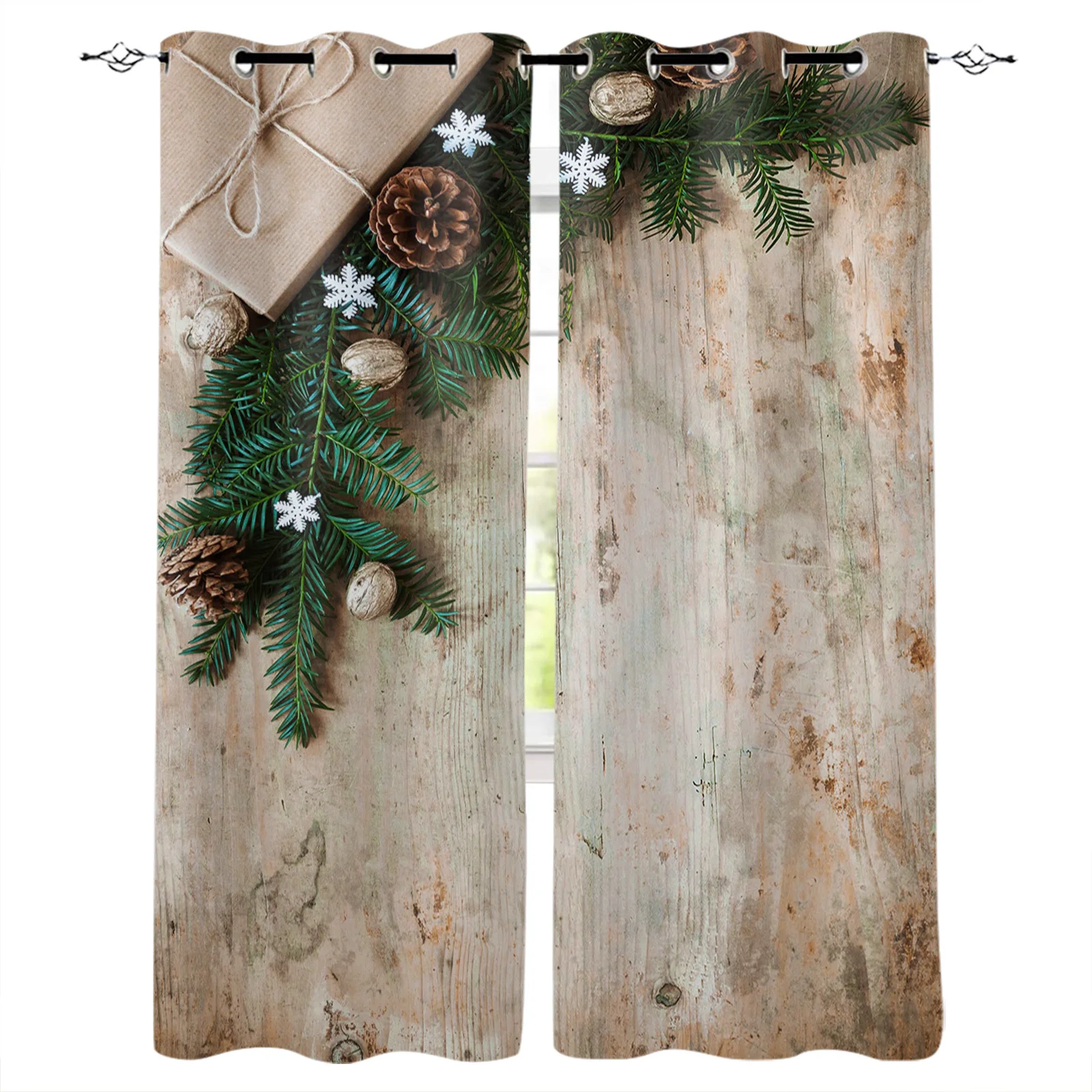 Рождественская старая деревянная доска сосновые конусы и иголки занавески для