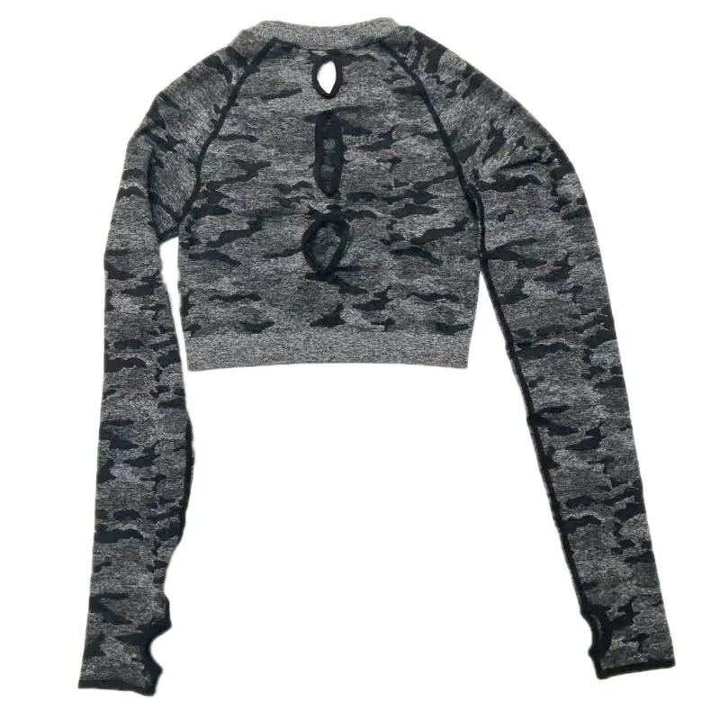 Black Top Камуфляжный комплект из 2 предметов, женский спортивный костюм, набор для йоги, одежда для тренировок, длинный рукав, фитнес-укороченный топ, высокая талия, бесшовные камуфляжные леггинсы - Цвет: Black Top