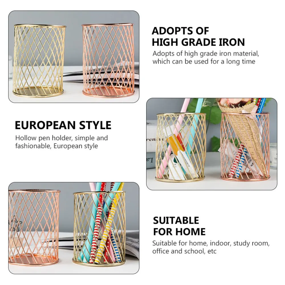 

1pc Iron Pen Holder Desktop Hollow Out Pen Holder Makeup Brush Pot for School