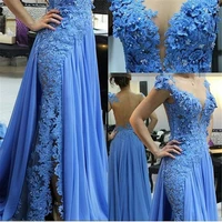 2021 illusion blue evening dresses long with appliques lace pearls beaded chiffon robe de soiree evening party prom gown