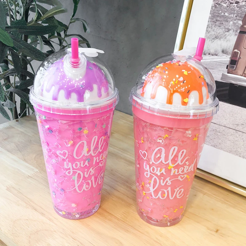 

Cute ice cream drinking cup, cool personality straw plastic cup, colorful and fun design, favorite gift bottle for girls and kid