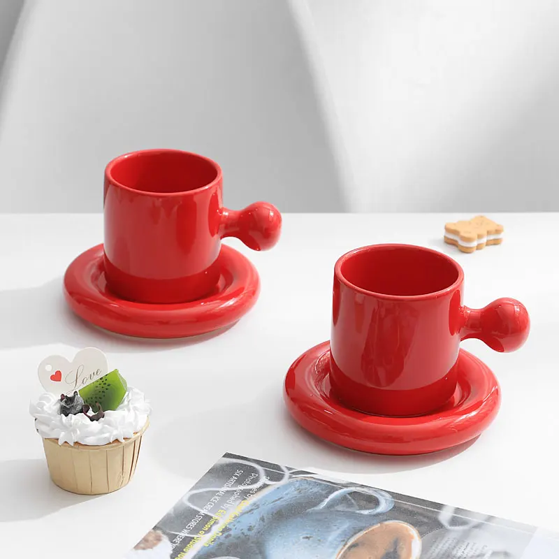 

Red Glaze Ceramic Cup and Saucer Home Decor Unique Housewarming Birthday Wedding Gifts Personalized Drinkware Coffee Tea Cup Set