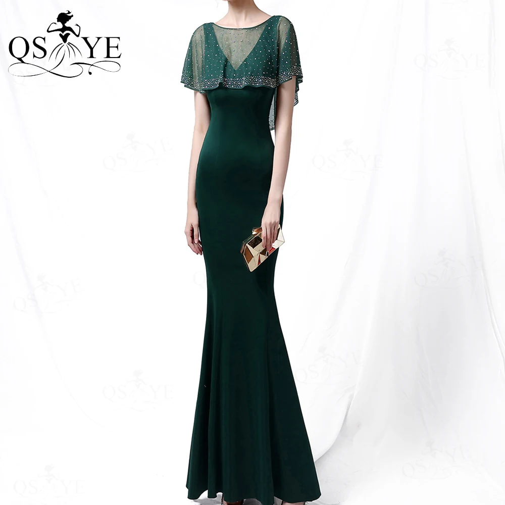 

Emerald Evening Dresses Mermaid With Jacket Hot Drilling Beading Shawl Party Dress Fit Women Long Formal Green Stretch Vestido