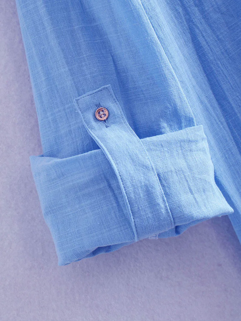 Блузка женская льняная в европейском стиле с длинными рукавами и карманами