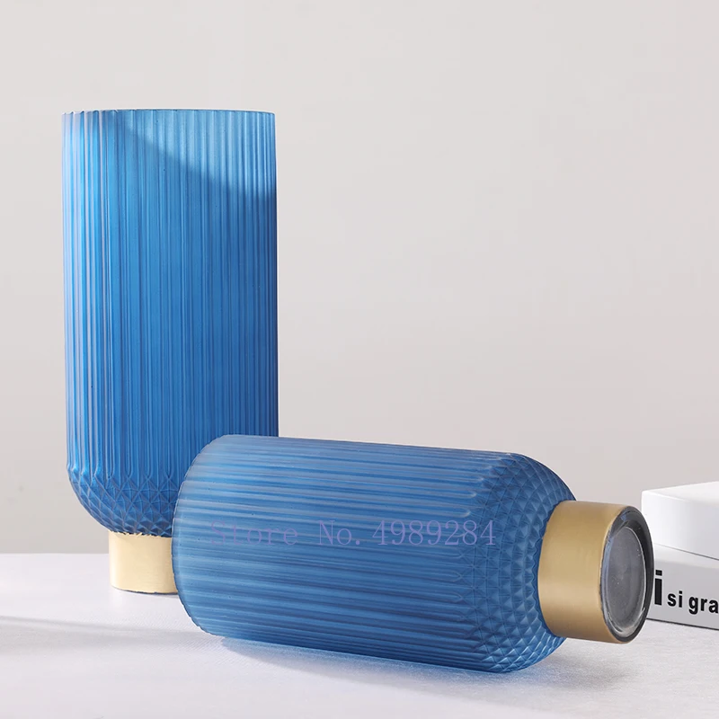 Креативная стеклянная ваза синяя матовая металлическая Золотая современная