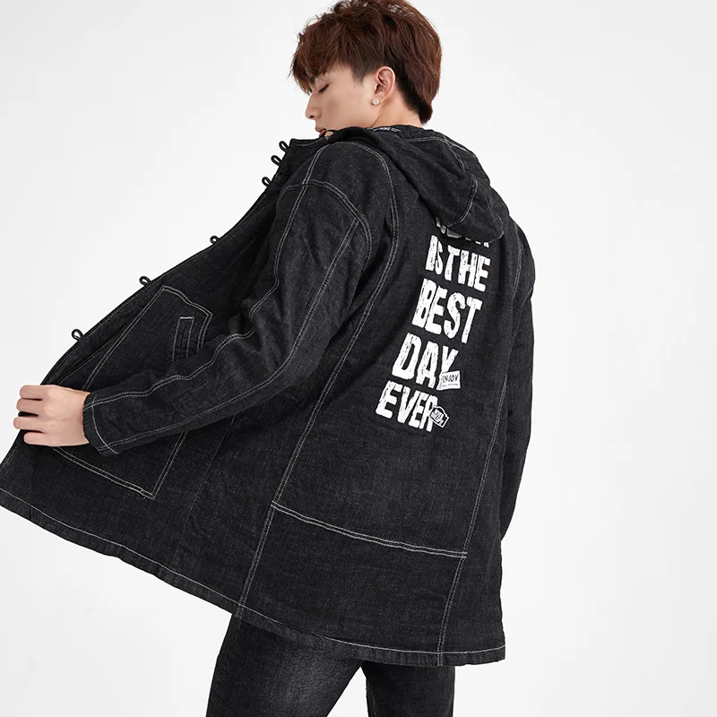 Мужская длинная куртка с капюшоном и надписью черная свободная толстовка модная