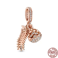 925 sterling silver zircon rose gold pine needles pine cones charms fit original braceletbangle making jewelry for women gift