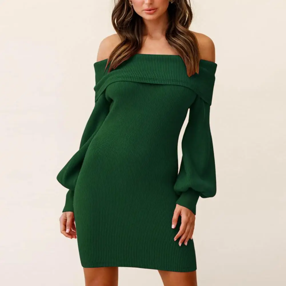 

Mini Dress Long Sleeve Elastic Waist Ribbing Off Shoulder Lantern Sleeves Knitted Women Dress Long Sleeve Pure Color Lady Dress